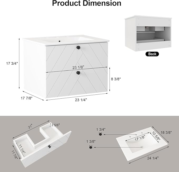 24 inch Bathroom Vanity with Sink, Floating Bathroom Vanity, Wall Mount & 2 Soft-Close Drawers, Modern Floating Vanity with Ceramic Sink, White