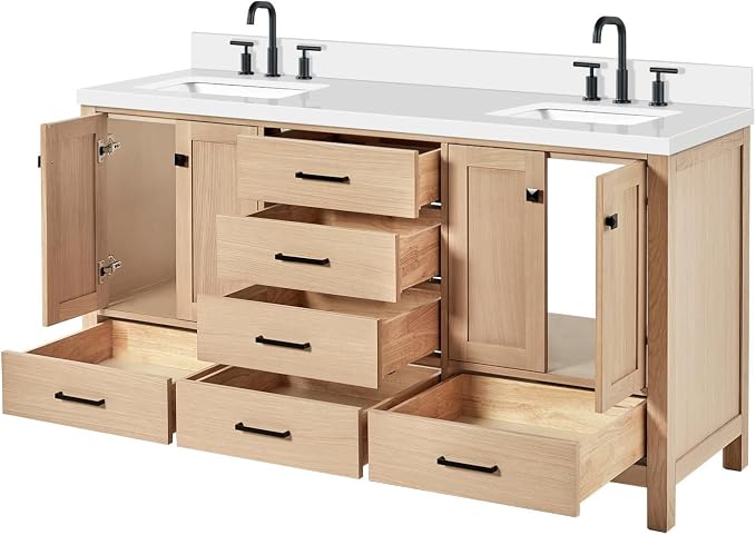 Beckford 66-Inch Oak Double Bathroom Vanity with Sink, Pure White Quartz Countertop & 4" Backsplash, Soft Closing Doors & Drawers, Matte Black Hardware