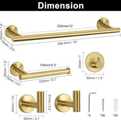 NearMoon Bathroom Hardware Set SUS 304 Thicken Stainless Steel-Towel Bar Set Include 16" Towel Rod, Toilet Paper Holder, Multifunctional Hooks Bathroom Accessories (Brushed Gold, 10 Pcs)
