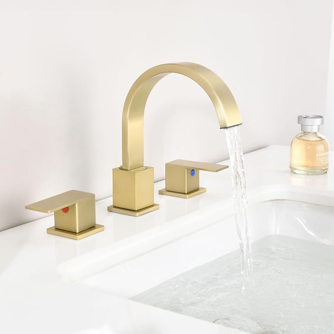 Widespread Brushed Gold Bathroom Faucets, Waterfall Golden Stainless Steel Bathroom Faucet for Sink 3 Hole, Vanity Lavatory Faucets with Drain & Water Hoses, 8 Inch, Lead-Free, 360° Swivel