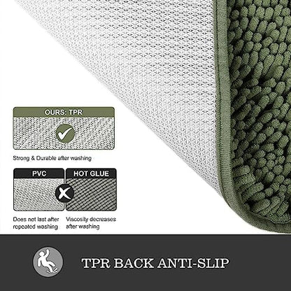 Yeaban Chenille Olive Green Bathroom Rug 17"x24", Non-Slip Rubber Backing