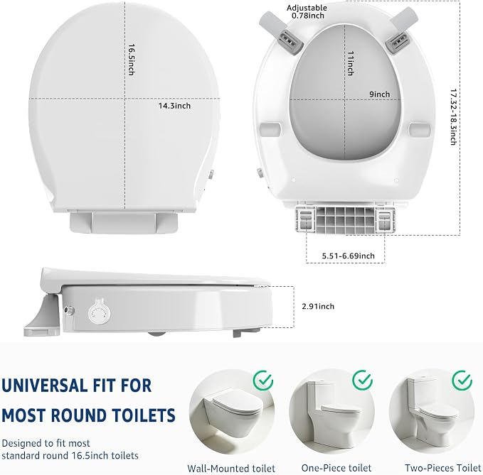 Bidet Toilet Seat Riser Round, Height 2.91inch, 3 Mode Wash No Electric | Soft Close, One-Bottone Quick Release, Safe Anti-Slip Rubber Pad Adjustable, Urine Splash Guard, Top/Bottom Fixing Compatible