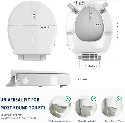 Bidet Toilet Seat Riser Round, Height 2.91inch, 3 Mode Wash No Electric | Soft Close, One-Bottone Quick Release, Safe Anti-Slip Rubber Pad Adjustable, Urine Splash Guard, Top/Bottom Fixing Compatible