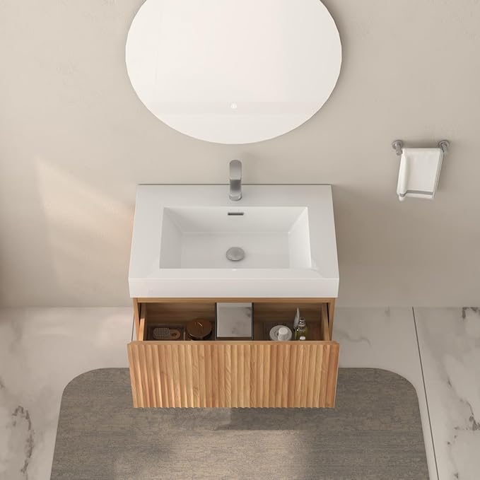 Floating Bathroom Vanity with Sink, Nature Soild Wood Cabinet with Ceramic Basin, Extra Large Storage Drawer & Pre-Assembled Vanities for Bathroom, Powder Room (Nature C Style, 30“)