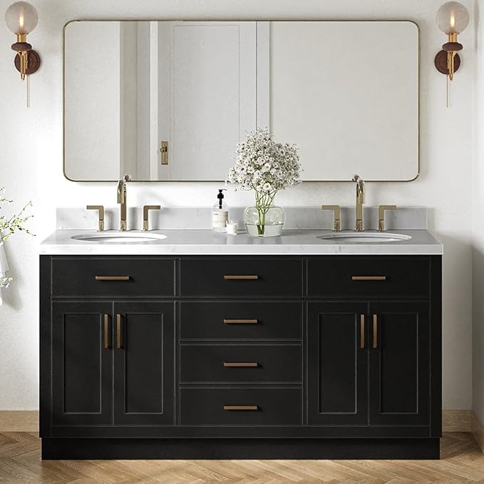 ARIEL Hepburn 66-inch Bathroom Vanity with Sink,Solid Wood, 1.5-inch Carrara White Quartz Countertop & Backsplash, Double Oval Porcelain Sink, 4 Soft Closing Doors, 6 Dovetail Drawers, Black