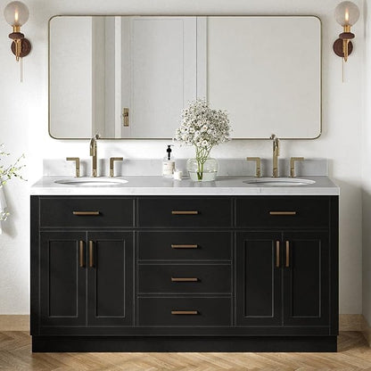 ARIEL Hepburn 66-inch Bathroom Vanity with Sink,Solid Wood, 1.5-inch Carrara White Quartz Countertop & Backsplash, Double Oval Porcelain Sink, 4 Soft Closing Doors, 6 Dovetail Drawers, Black