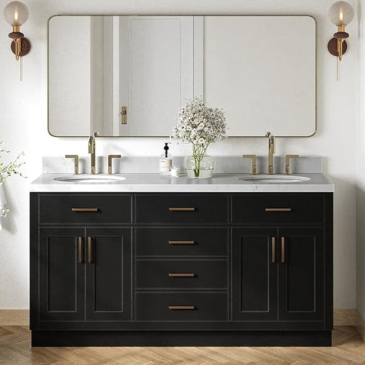 ARIEL Hepburn 66-inch Bathroom Vanity with Sink,Solid Wood, 1.5-inch Carrara White Quartz Countertop & Backsplash, Double Oval Porcelain Sink, 4 Soft Closing Doors, 6 Dovetail Drawers, Black