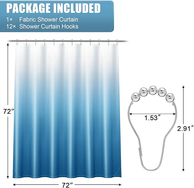 OLANLY Luxury Peacock Blue and White Ombre Shower Curtain Sets with 12 Hooks, Waterproof and Washable Decorative Shower Curtains for Bathroom, 72x72 Inches