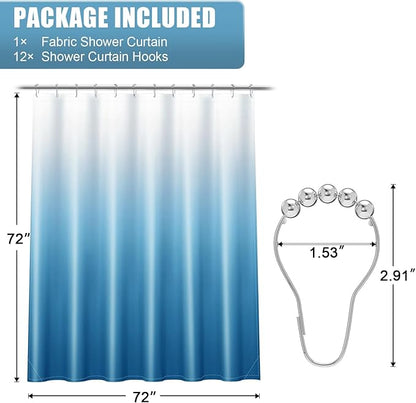 OLANLY Luxury Peacock Blue and White Ombre Shower Curtain Sets with 12 Hooks, Waterproof and Washable Decorative Shower Curtains for Bathroom, 72x72 Inches