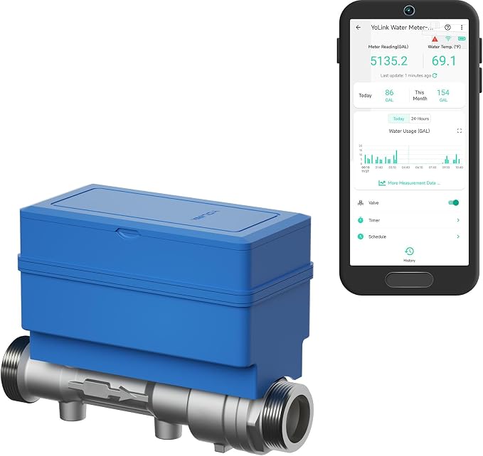 NSF Certified YoLink FlowSmart All-in-One Smart Water Meter & Auto Shutoff for 2" Pipes, LoRa Long-Range, Real-Time Leak Detection, 10-Year Battery, 80+ Device Ecosystem, Hub Required