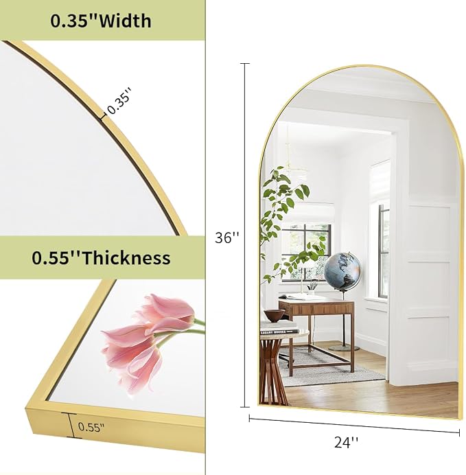 BEAUTYPEAK 24"x36" Arch Bathroom Wall Mirror, Gold | Wall Mounted Vanity Metal Frame Mirror for Bedroom, Entryway, Living Room, Fireplace
