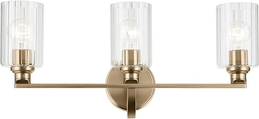 Kichler Gioe 24.25" 3-Light Vanity Light with Clear Fluted Glass in Champagne Bronze, Damp Rated, for Bathroom, Powder Room, Over a Mirror, (24.25" W x 10.5" H), 55226CPZFLU