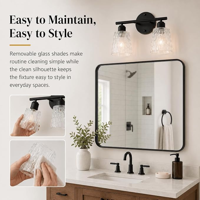Black Bathroom Vanity Light Over Mirror, 2-Light Wall Mount Fixture with Textured Glass Shades, Stainless Steel Bar Design, E26 Base Sockets (Bulbs Not Included)