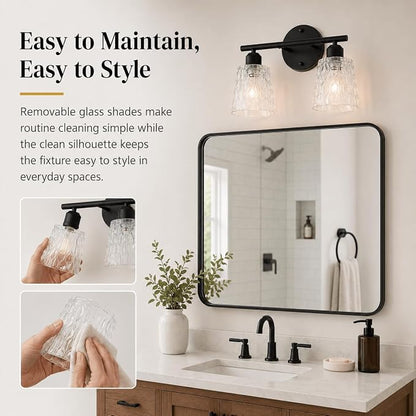 Black Bathroom Vanity Light Over Mirror, 2-Light Wall Mount Fixture with Textured Glass Shades, Stainless Steel Bar Design, E26 Base Sockets (Bulbs Not Included)