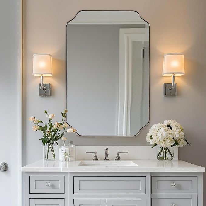 Brushed Nickel Scalloped Bathroom Mirror, 26"x38" Vanity Mirror | Rust-Proof Stainless Steel 1" Frame, Anti-Corrosion HD Glass, Unique Notched Corners, Modern Bathroom Upgrade Pick