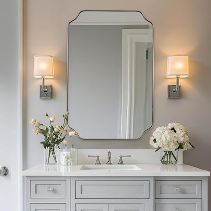 Brushed Nickel Scalloped Bathroom Mirror, 26"x38" Vanity Mirror | Rust-Proof Stainless Steel 1" Frame, Anti-Corrosion HD Glass, Unique Notched Corners, Modern Bathroom Upgrade Pick