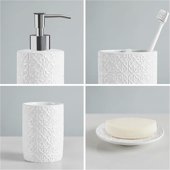 Martha Stewart Tara Bath Accessory Set Medallion, White | Coordinated Look for Bathroom, OEKO-TEX Certified