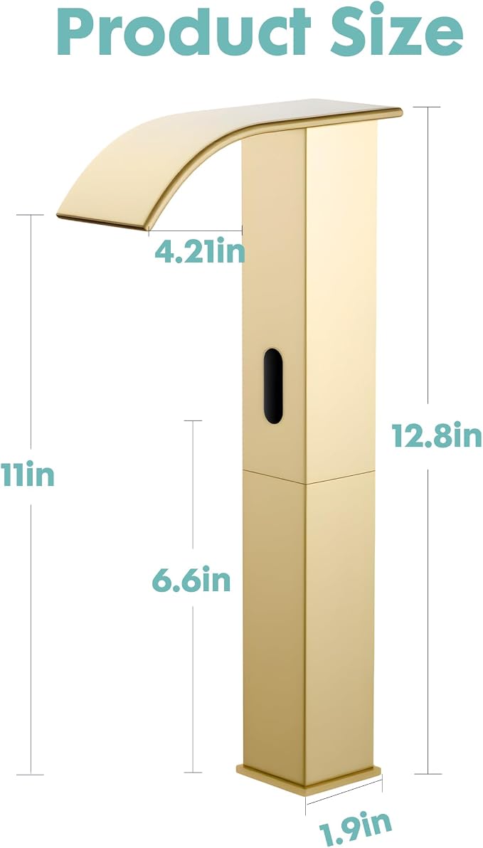 Touchless Bathroom Faucet, Automatic Sensor Bathroom Sink Tall Body Gold Faucet with Control Box, Modern Waterfall Stainless Steel Vanity Tap Single Hole and Temperature Mixer