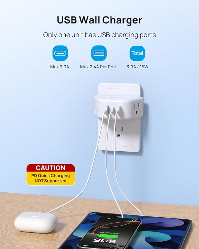 TROND Multi Plug Outlet Extender with USB, 2 Pack Plug Splitter | No Blocking with 3 Way Angled Design Outlet Adapter, Cruise Essentials, Small Multiple Expander for Travel Home Office, White