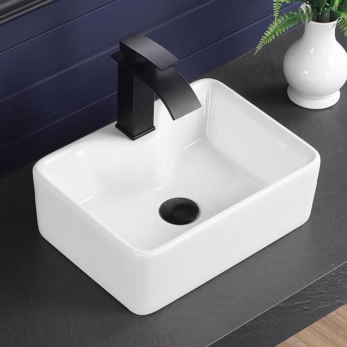 Vessel Sink 16"x12" Rectangular Bathroom Sink Modern White Porcelain Ceramic Above Counter Drop-in Vanity Sink for Bathrooms Art Basin with Faucet Hole