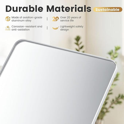 22" x 34" Bathroom Mirror Wall Mounted, Matte Aluminum Alloy Frame with Rounded Corners, Shatterproof Tempered Glass, Anti-Rust HD Vanity Mirror for Bathroom, Bedroom, Entryway (White)