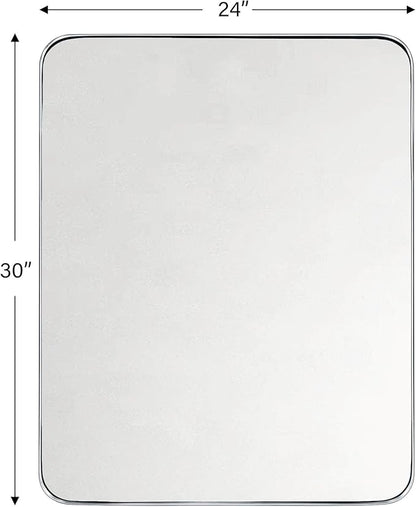 GRACTO 24x30'' Polished Nickel Metal Framed Bathroom Mirror for Wall in Stainless Steel Rounded Rectangular Bathroom Vanity Mirrors Wall Mounted