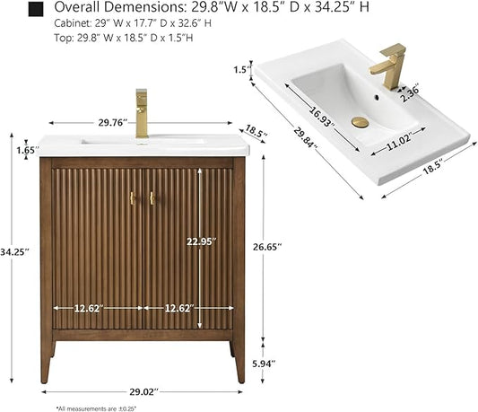 HOMEBEYOND 30" Bathroom Vanity with Ceramic Sink, Solid Wood Free-Standing Vanities Cabinet, Ceramic Top, Golden Brushed Handware & Soft Closing Door, Walnut