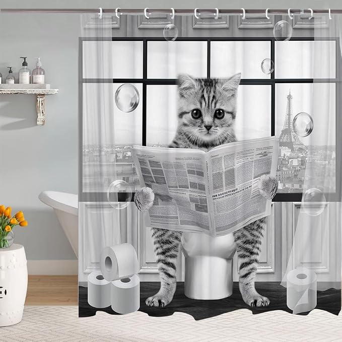 Cute Cat Shower Curtain, Funny Cat Reading on Toilet Shower Curtain Set, Black White Grey Fabric Shower Curtains for Kids Bathroom with Hooks 72X72inches