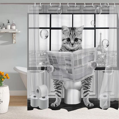 Cute Cat Shower Curtain, Funny Cat Reading on Toilet Shower Curtain Set, Black White Grey Fabric Shower Curtains for Kids Bathroom with Hooks 72X72inches