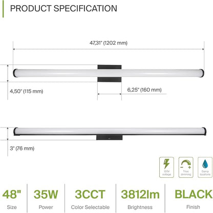 ASD 48" LED Linear Vanity Light Fixture, Modern Bathroom Sconce — 3 Color 3000K-5000K, Dimmable, 35W 3800LM, Energy Star & ETL Listed — Over Mirror Makeup Bar for Bedroom, Cabinets — Black, 4 Pack