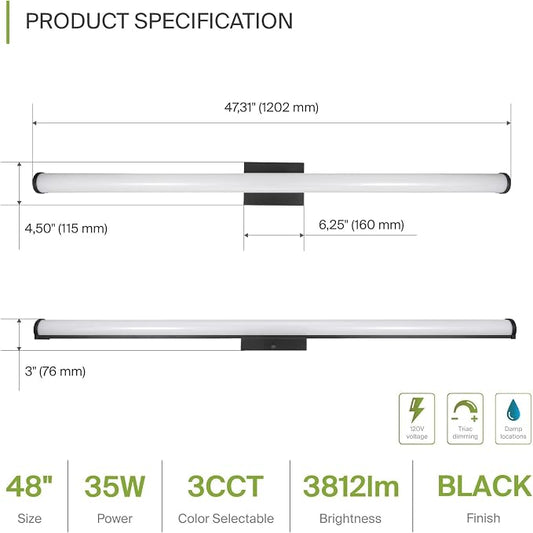 ASD 48" LED Linear Vanity Light Fixture, Modern Bathroom Sconce — 3 Color 3000K-5000K, Dimmable, 35W 3800LM, Energy Star & ETL Listed — Over Mirror Makeup Slim Bar for Bedroom, Cabinets — Black