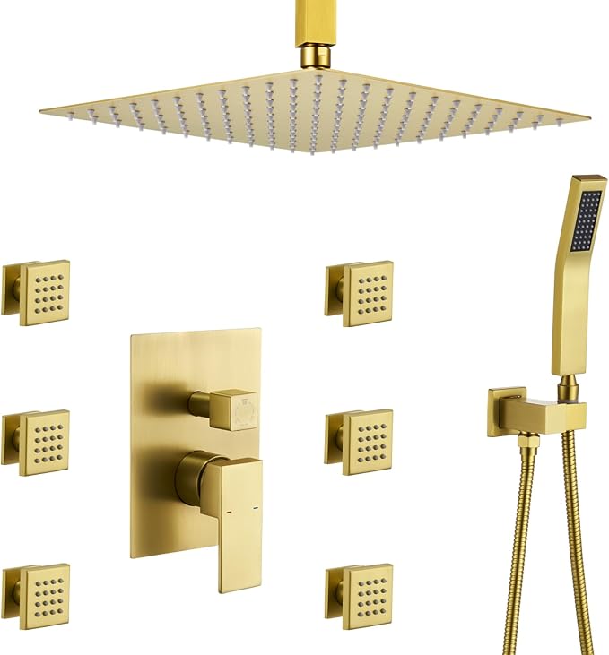 Rain Shower System With Complete 6 Pcs Body Sprays Jets And Pressured Balance Rough-in Valve,12Inch Rainfall Shower Head And Handheld, Modern Brushed Gold Ceiling Mount Shower Faucets Sets