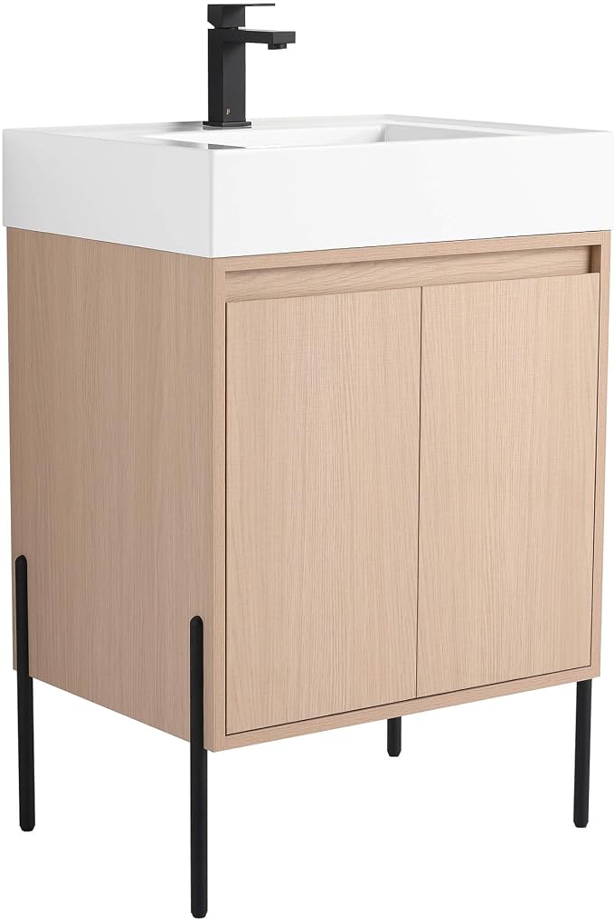 Crownpoint 24 Inch Bathroom Vanity with Sink, White Sink, White Oak Finish, Full Assembly Required, Elegant Bathroom Vanities for Modern Homes