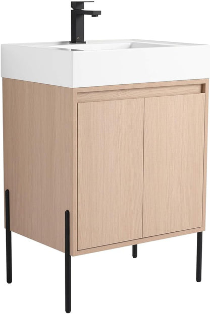 Crownpoint 24 Inch Bathroom Vanity with Sink, White Sink, White Oak Finish, Full Assembly Required, Elegant Bathroom Vanities for Modern Homes