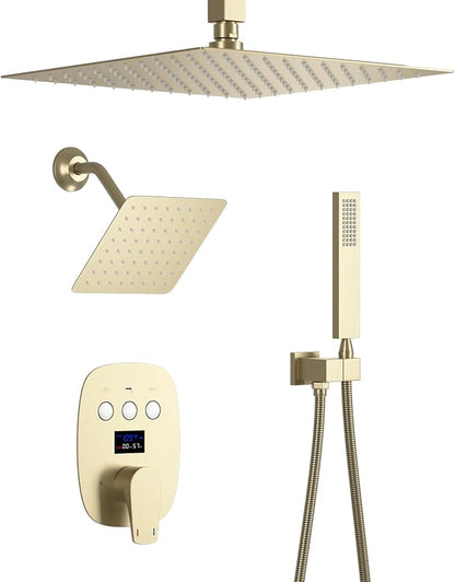 Shower Faucet Set Brushed Gold Shower System with 2 Rain Shower Head(12+8 inch) and Handheld Spray, 3 Function Temperature Display Shower