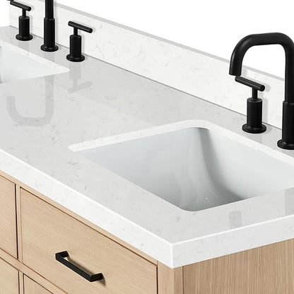 ARIEL Hepburn 66-inch Bathroom Vanity with Sink,Solid Wood, 1.5-inch Carrara White Quartz Countertop, Double Rectangular Porcelain Sink, 4 Soft Closing Doors, 6 Dovetail Drawers, White Oak