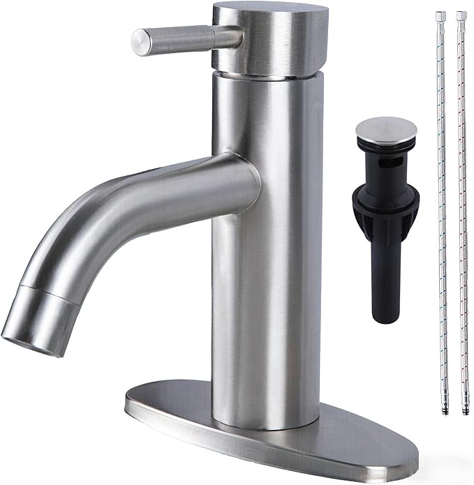 HOTIS Brushed Nickel Bathroom Faucet, Single Hole Bath Sink Faucet with Pop-up Drain, Suitable for 1 or 3 Hole Installation, Single Handle for Bathroom Sink, RV and Vanity, HT-HJ-052L-D