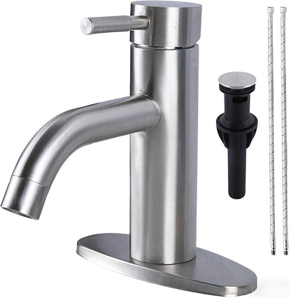 HOTIS Brushed Nickel Bathroom Faucet, Single Hole Bath Sink Faucet with Pop-up Drain, Suitable for 1 or 3 Hole Installation, Single Handle for Bathroom Sink, RV and Vanity, HT-HJ-052L-D