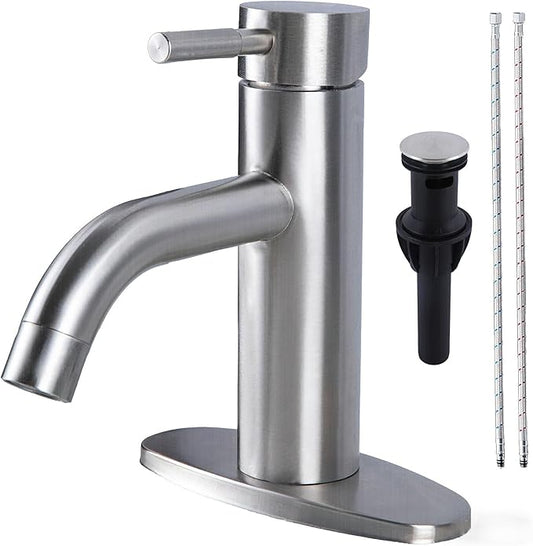 HOTIS Brushed Nickel Bathroom Faucet, Single Hole Bath Sink Faucet with Pop-up Drain, Suitable for 1 or 3 Hole Installation, Single Handle for Bathroom Sink, RV and Vanity, HT-HJ-052L-D