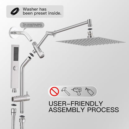 All Metal 10" Shower Head with Handheld, Built-in Power Jet Mode | Luxurious, Square, Rain Shower Heads with Spray Combo Set, High Pressure, Dual, Rainfall, with Extension Arm, Brushed Nickel