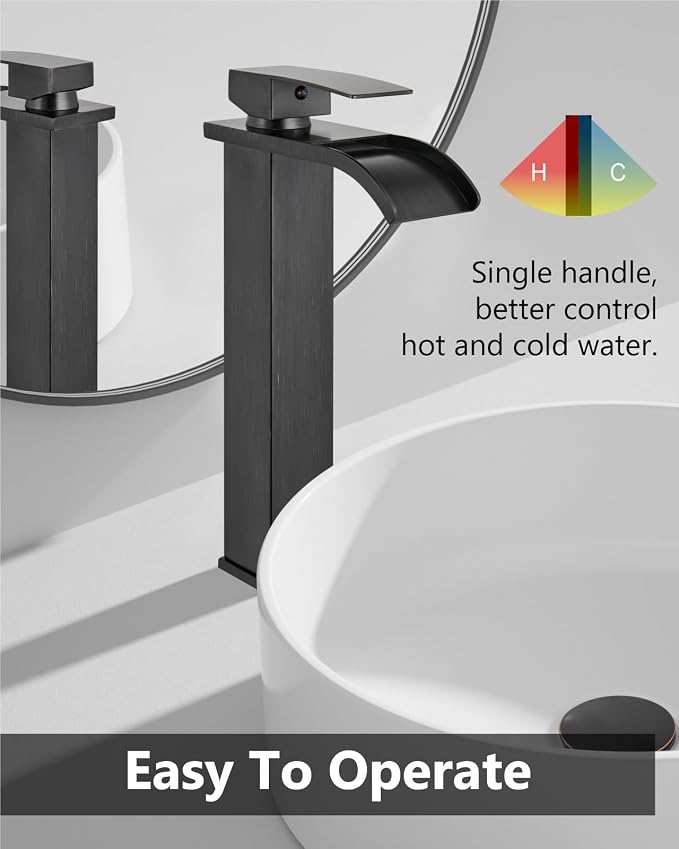 Oil Rubbed Bronze Waterfall Vessel Sink Faucet,Tall Bathroom Faucet | Single-Handle Single-Hole Lavatory Vanity Sink Faucet Mixer Tap Includes Pop-Up Drain and Supply Lines