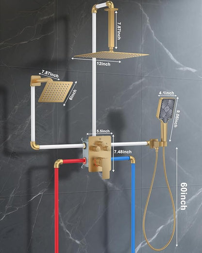 Shower System with Pressure Balance Valve, 12" Ceiling Mount Shower Faucet Set with 2 Rain Shower Head And Multi-function Handheld Head Push Button Diverter Pressure Balancing Valve Kit, Brushed Gold