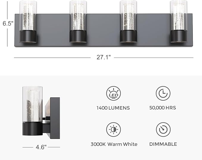 Alice Modern 4-Light Vanity Light Fixture, Integrated Led and Premium Bubble Glass, for Bathroom, Hallway, Entryway, Kitchen, Mirror, Laundry Room (Black)
