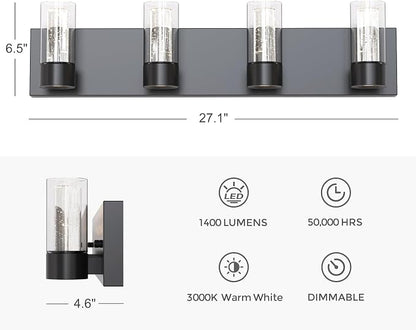 Alice Modern 4-Light Vanity Light Fixture, Integrated Led and Premium Bubble Glass, for Bathroom, Hallway, Entryway, Kitchen, Mirror, Laundry Room (Black)