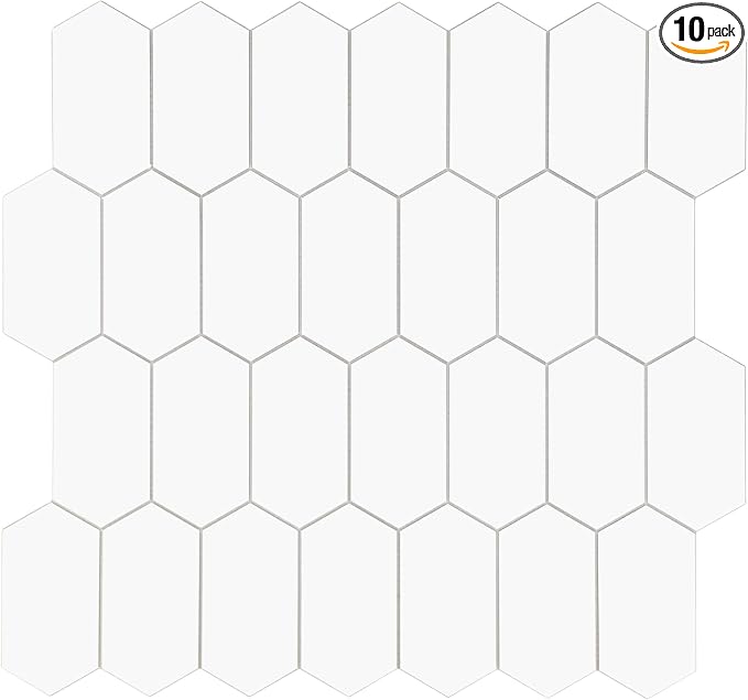 The Tiles Plaza 10-Sheet Peel and Stick Backsplash, 12" x 11.5" White Long Hexagon Self-Adhesive Wall Tile, Stone Composite Stick On Decorative Mosaic Tile for Kitchen Bathroom Fireplace