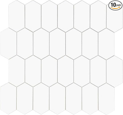 The Tiles Plaza 10-Sheet Peel and Stick Backsplash, 12" x 11.5" White Long Hexagon Self-Adhesive Wall Tile, Stone Composite Stick On Decorative Mosaic Tile for Kitchen Bathroom Fireplace