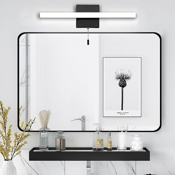 24 Inch LED Bathroom Light Bar Over Mirror, Modern Vanity Light with Pull Chain Switch On/Off, Black Wall Light Fixture, Cool White 6000K