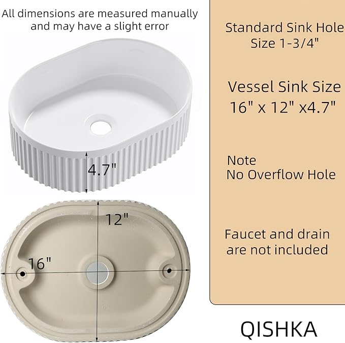 Oval Vessel Sink 16 Inch Above Counter - White Ceramic Countertop Bathroom Sink, 16" x 12" Modern Vanity Art Basin Porcelain Hand Wash Basin