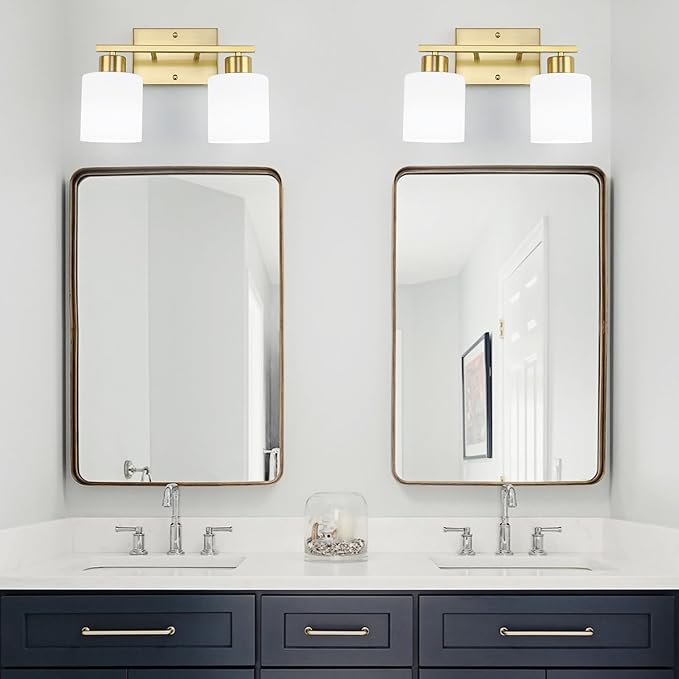 WILON 2 Light Brushed Gold Vanity Light, Bathroom Vanity Lighting Fixtures with Milk White Frosted Glass Shades, Modern Vanity Lights Over Mirror, E26 Wall Sconce for Restroom Living Room Bedroom