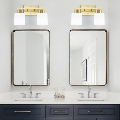 WILON 2 Light Brushed Gold Vanity Light, Bathroom Vanity Lighting Fixtures with Milk White Frosted Glass Shades, Modern Vanity Lights Over Mirror, E26 Wall Sconce for Restroom Living Room Bedroom
